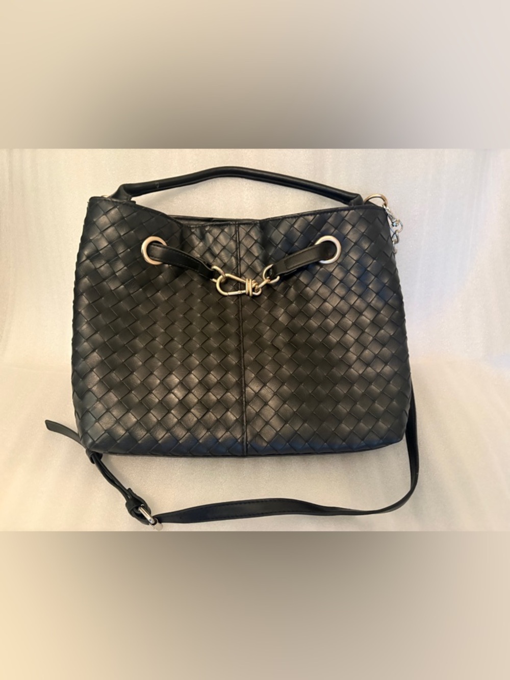 Black Woven Leather Hobo Bag Intrecciato Style Slouchy Shoulder Crossbody